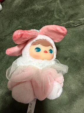 Pink Bunny Plush Doll with Blue Eyes and Tulle Bow